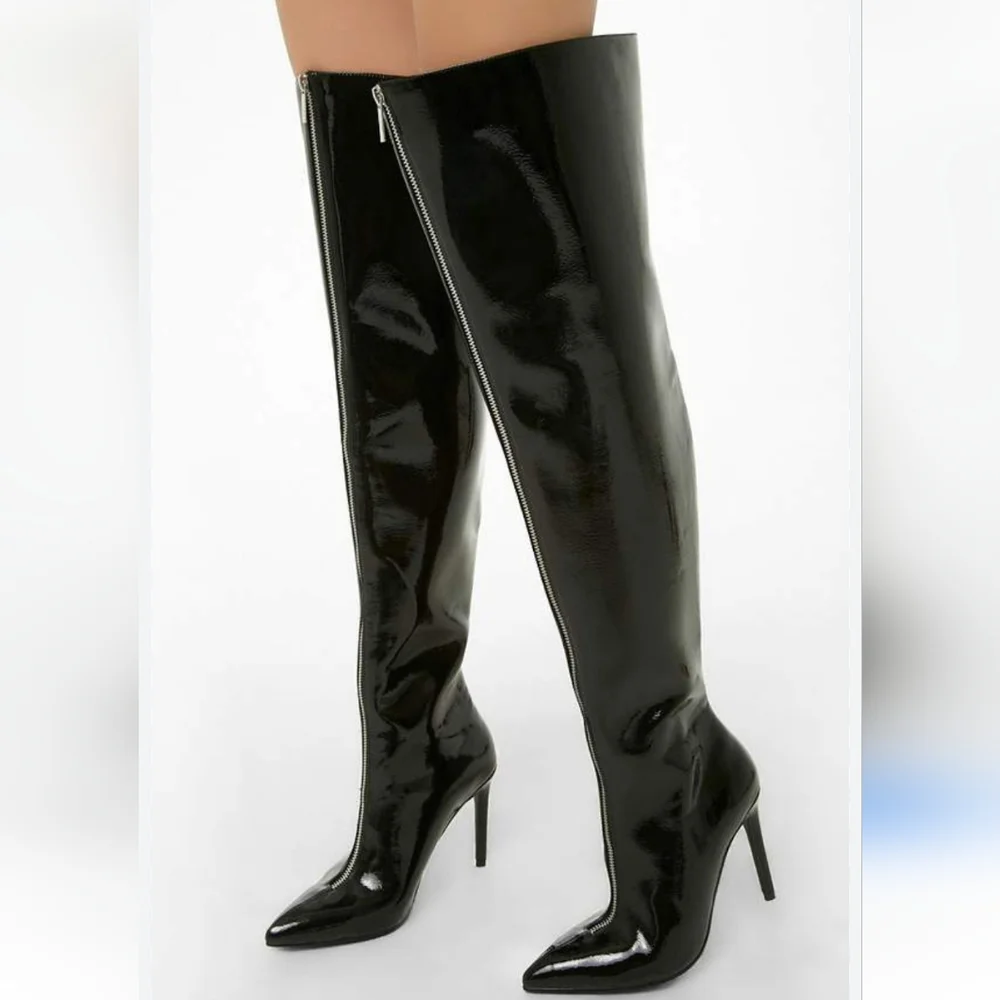 NWOT Forever 21 Black Faux Patent Leather Thigh-High Over-the-Knee Boots Sz 5.5